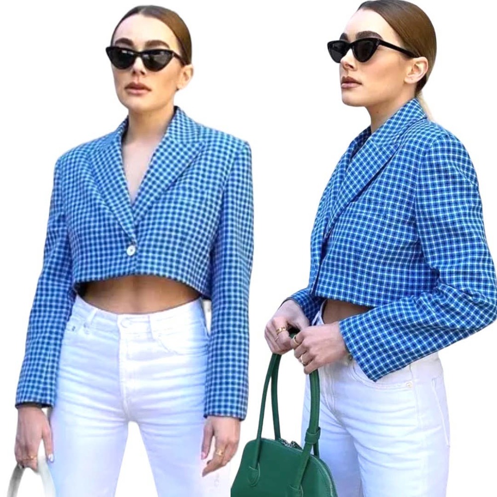 NWT  ZARA Blue Black Checked Cropped Blazer Jacket        Size:  XS